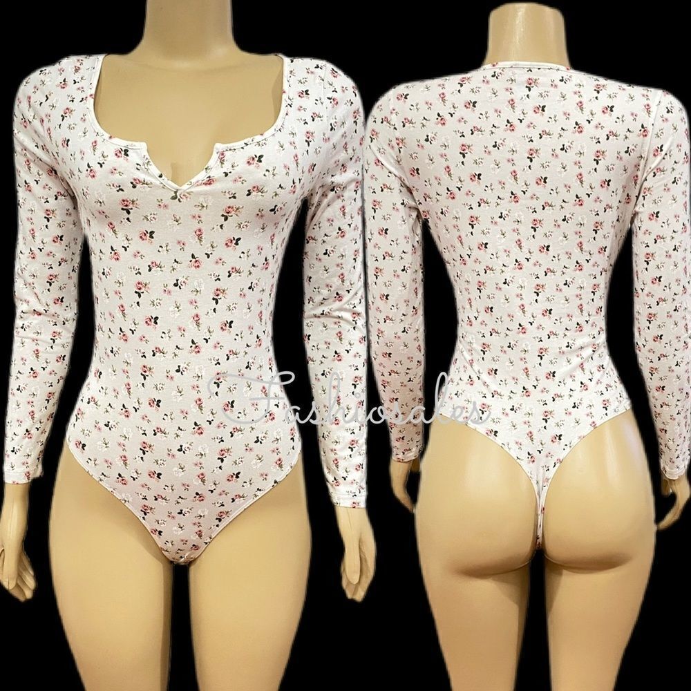 Victorias Secret Pink Soft Cotton Long Sleeve Bodysuit Shirt Top White floral